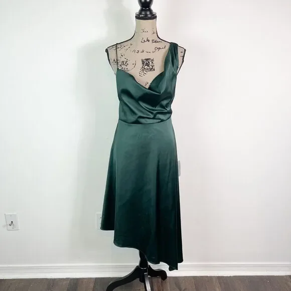 Lulus NWOT Cowl Neck Satin Asymmetrical Midi Dress Green Size M - Picture 2 of 5